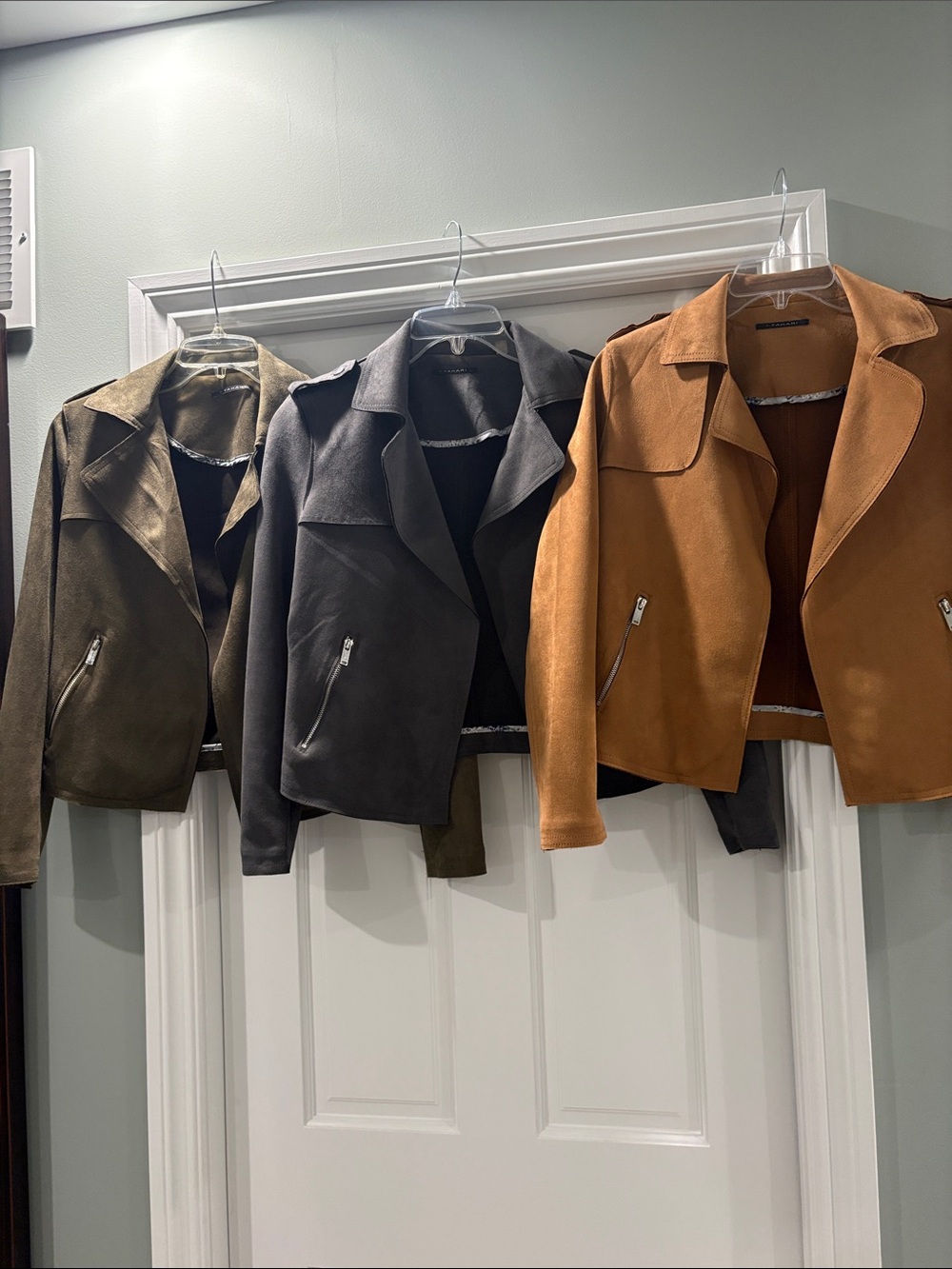 Tahari Faux Suede Moto Jacket - Tan, Olive, and Charcoal XS S